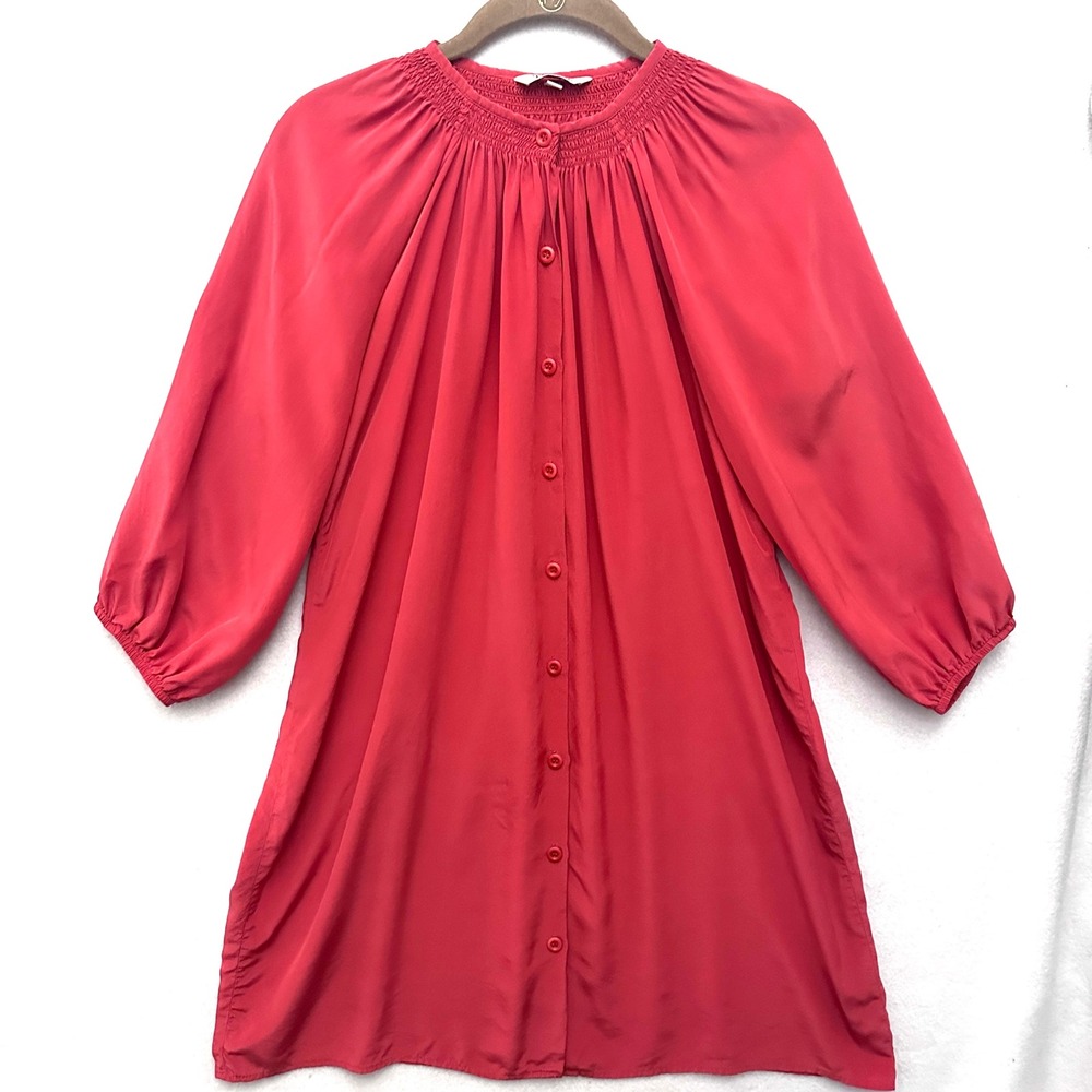 Tucker S 100% Silk Smocked Mini Dress Coral Orange Button Front
